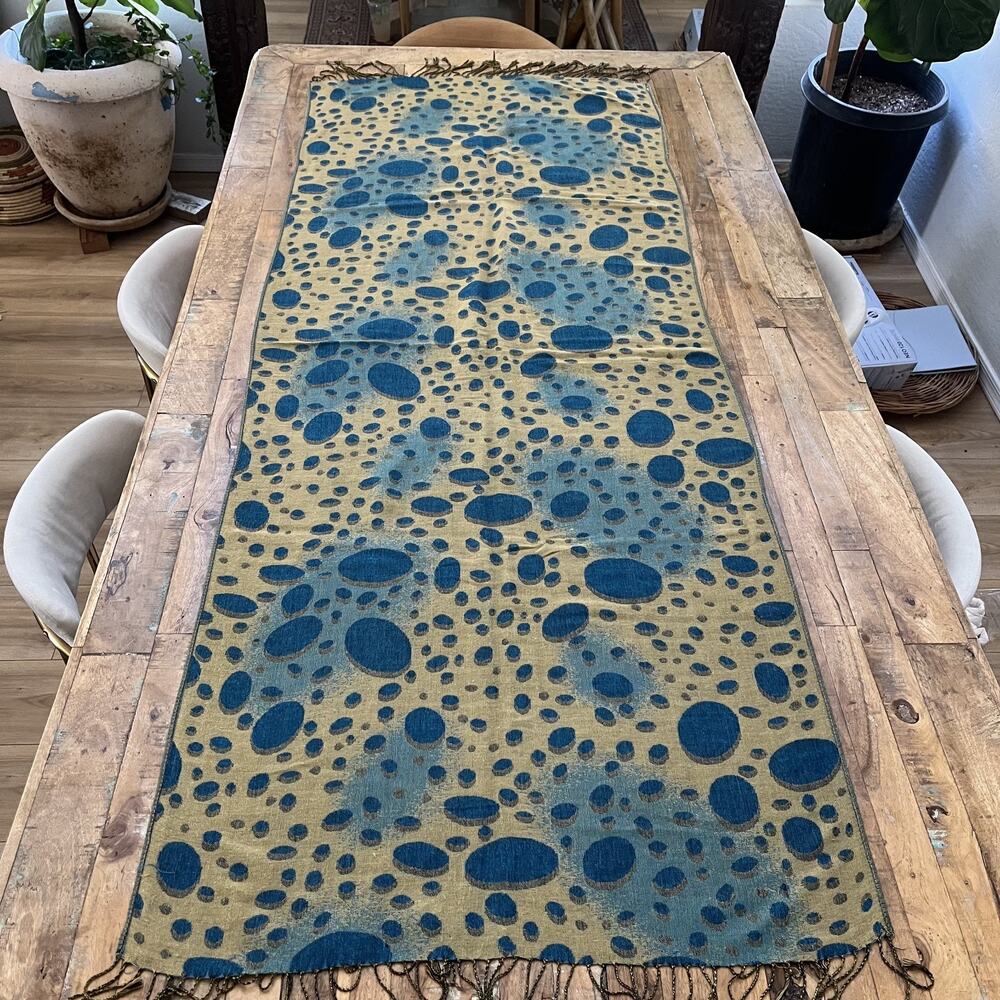 Pashmina Blue Tan Polka Dot Scarf 72" x 28" Tasseled 100% Pashmina